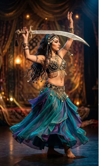 a women is doing belly dancing with balanced sword on the head.