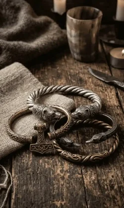 medieval viking bracelets on the medieval wooden table