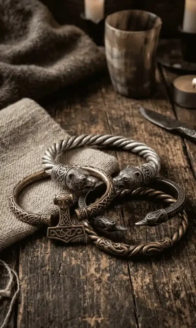 medieval viking bracelets on the medieval wooden table