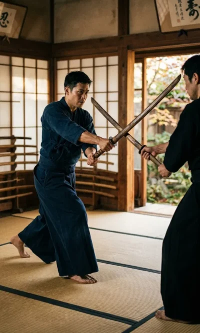 two men practicing with wooden swords